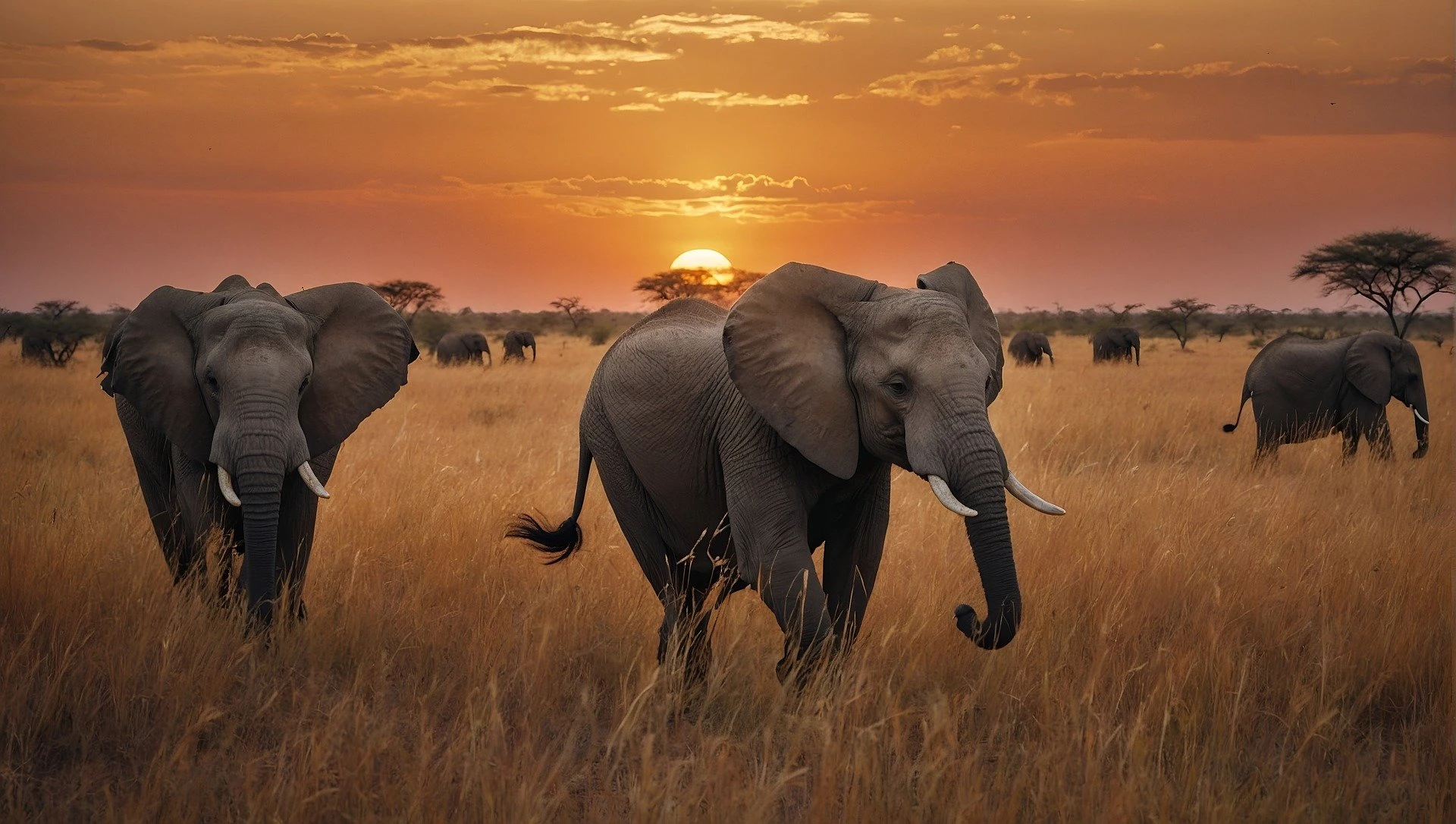 Elephants during a sunset