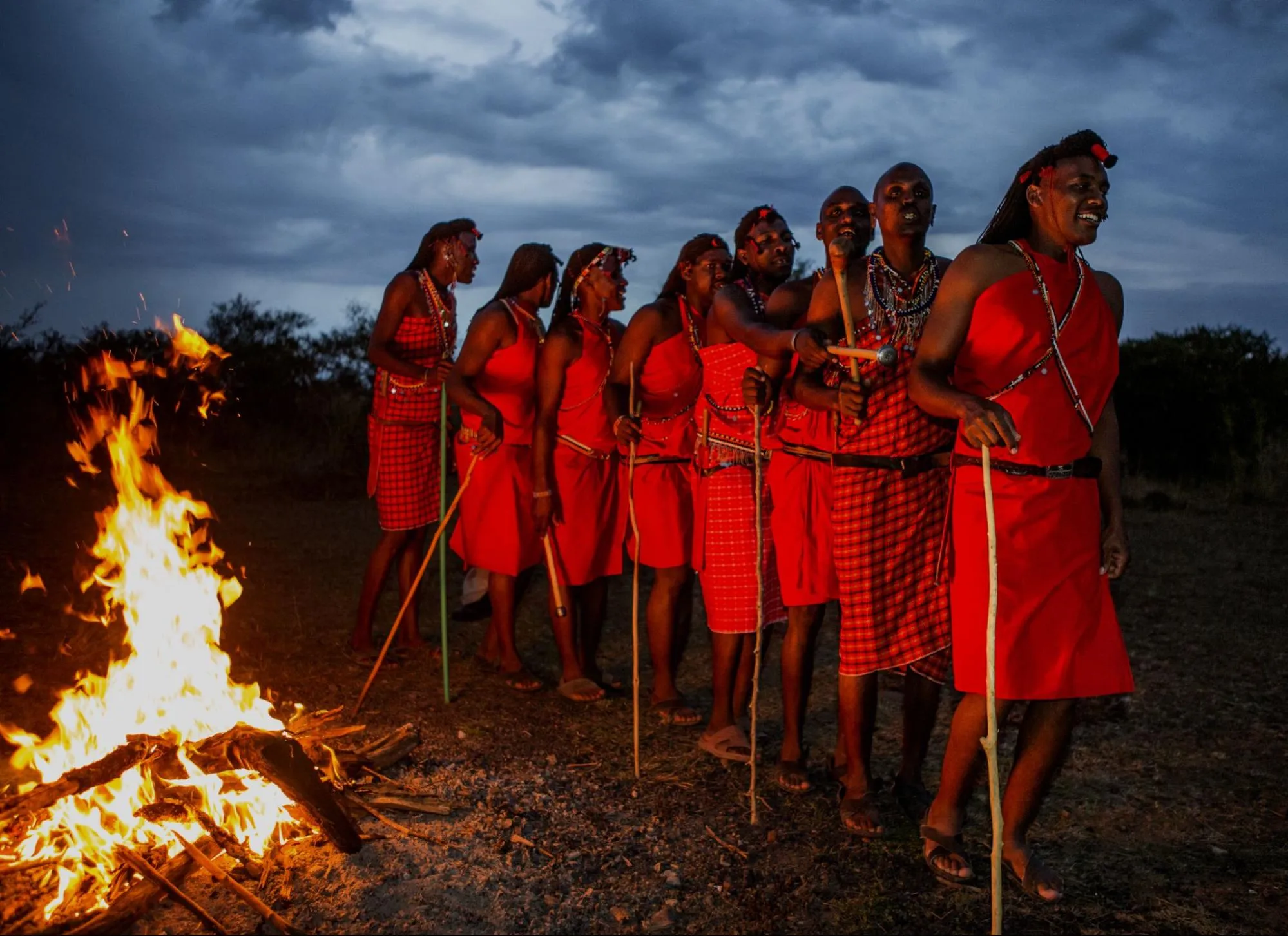 Maasai warriors dance at night